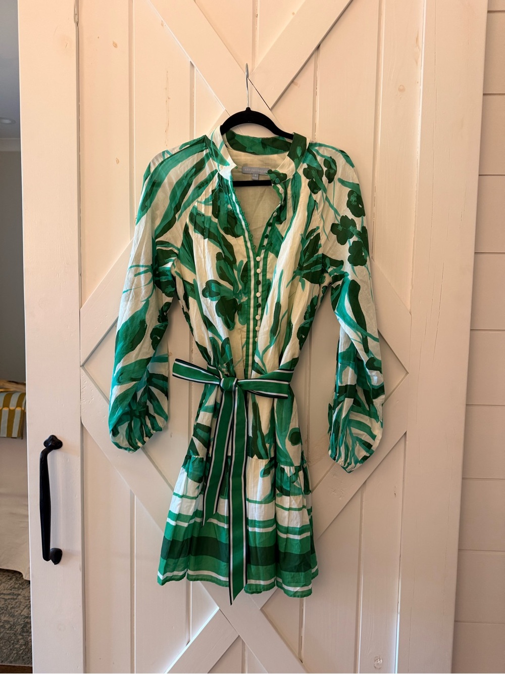 ANTONIO MELANI White and Green Floral Tie-Belt Mini Dress
